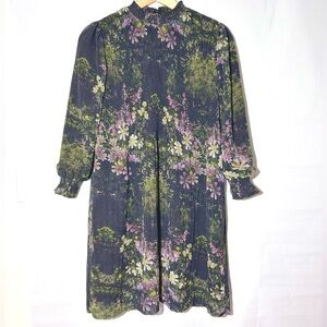 Floral pleated dress black purples green flower print